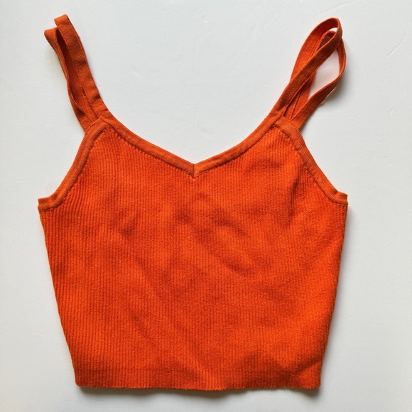 NWT Endless Rose Cropped Top Double Shoulder Strap Knit Cami Orange Ribbed Sz S - Picture 1 of 8
